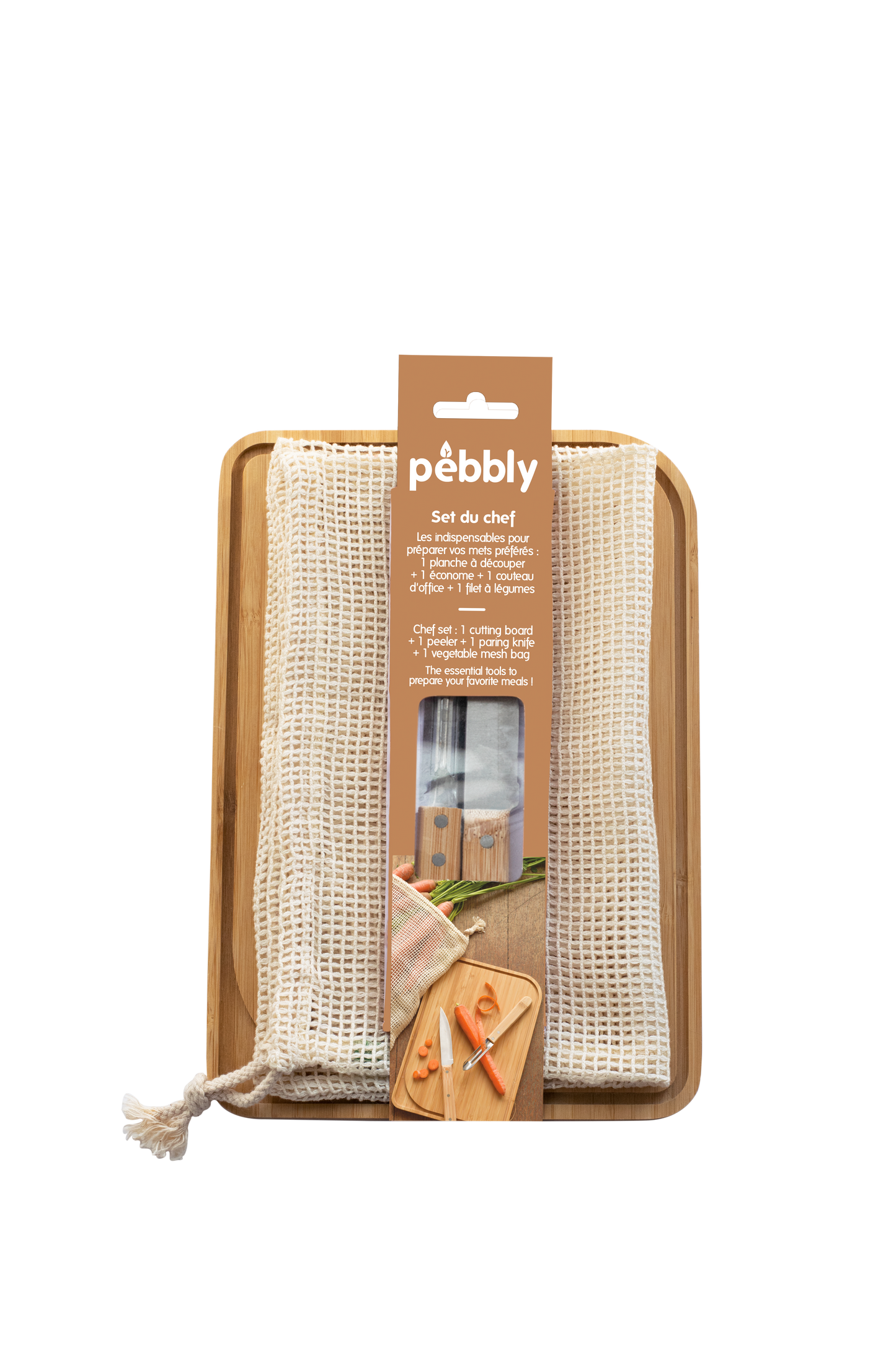 Chef Set - Cutting Board, Paring Knife, Peeler, Mesh Vegetable Bag