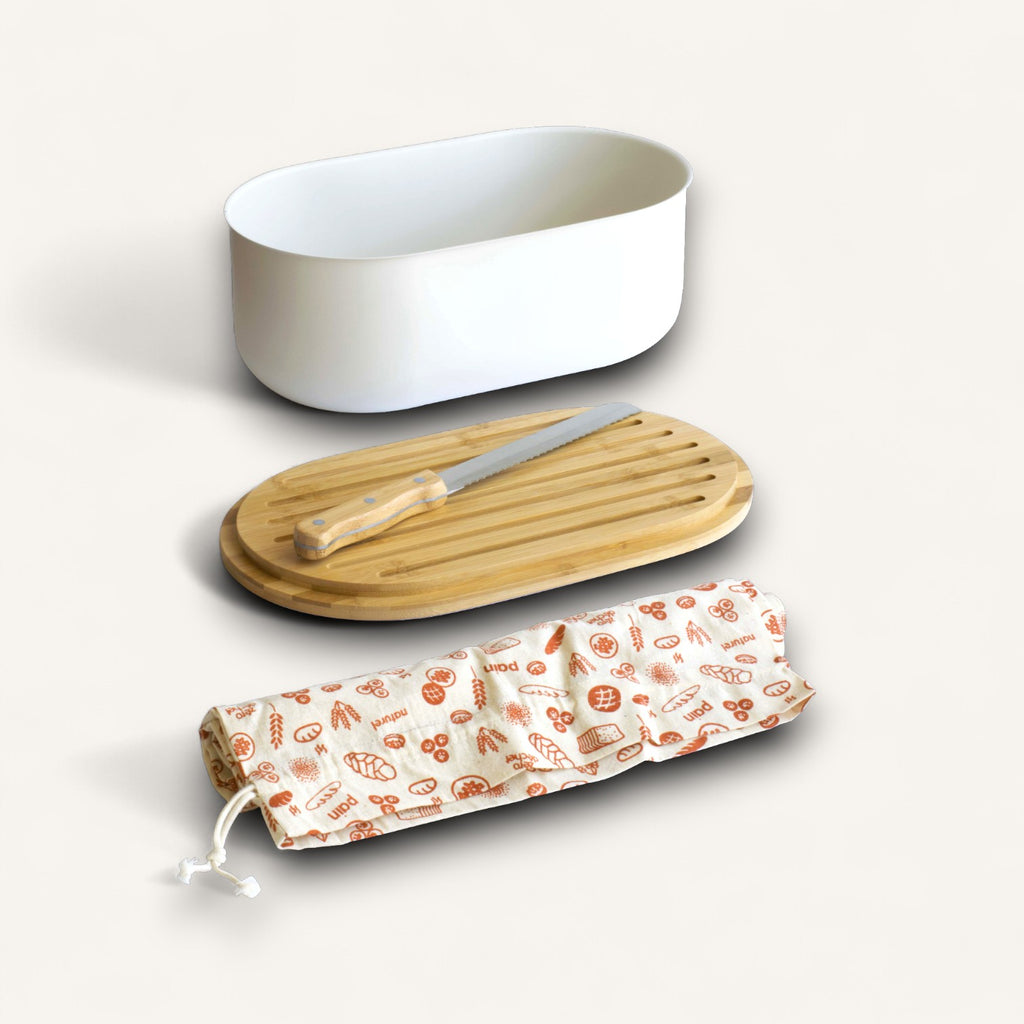 4-in-1 Bread Box with Cutting Board, Knife, and Cotton Bag