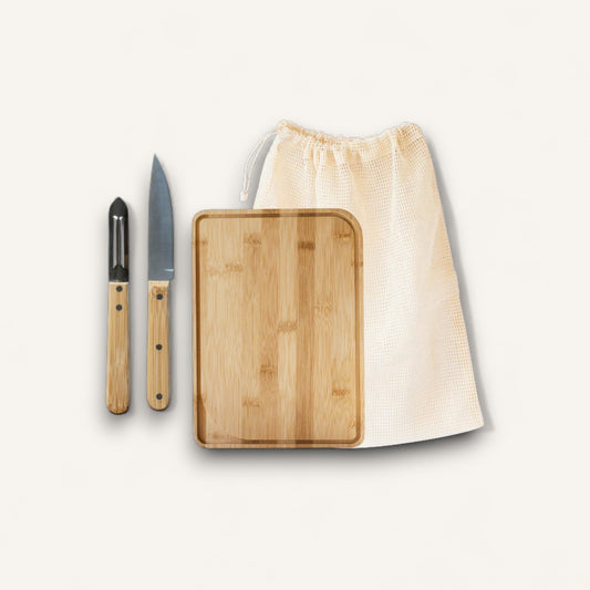 Chef Set - Cutting Board, Paring Knife, Peeler, Mesh Vegetable Bag