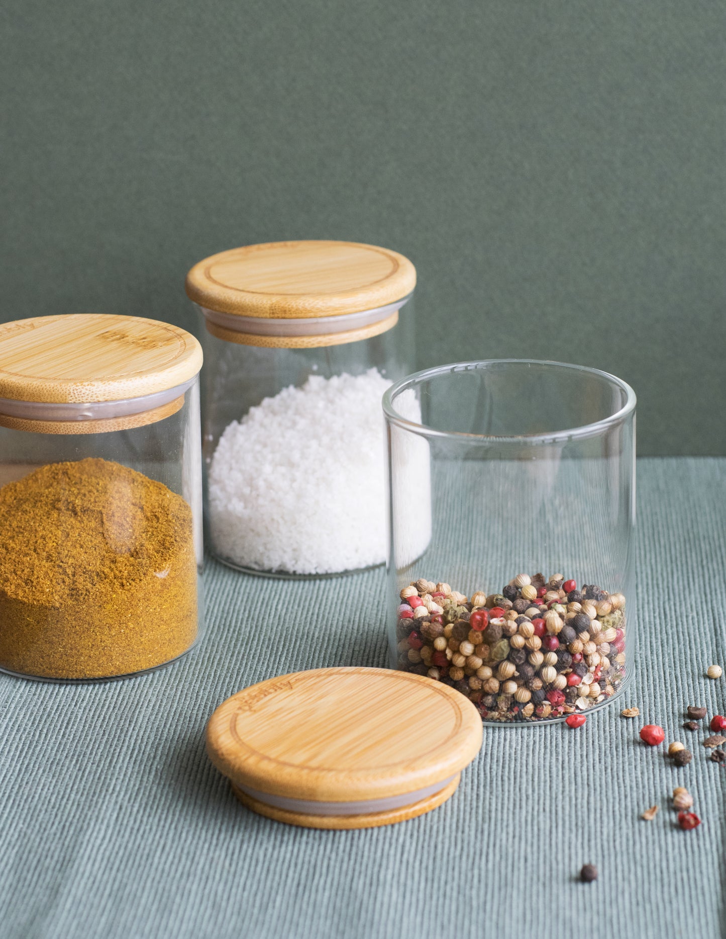 Round Glass Spice Cannisters with Bamboo Lids 3-Pack